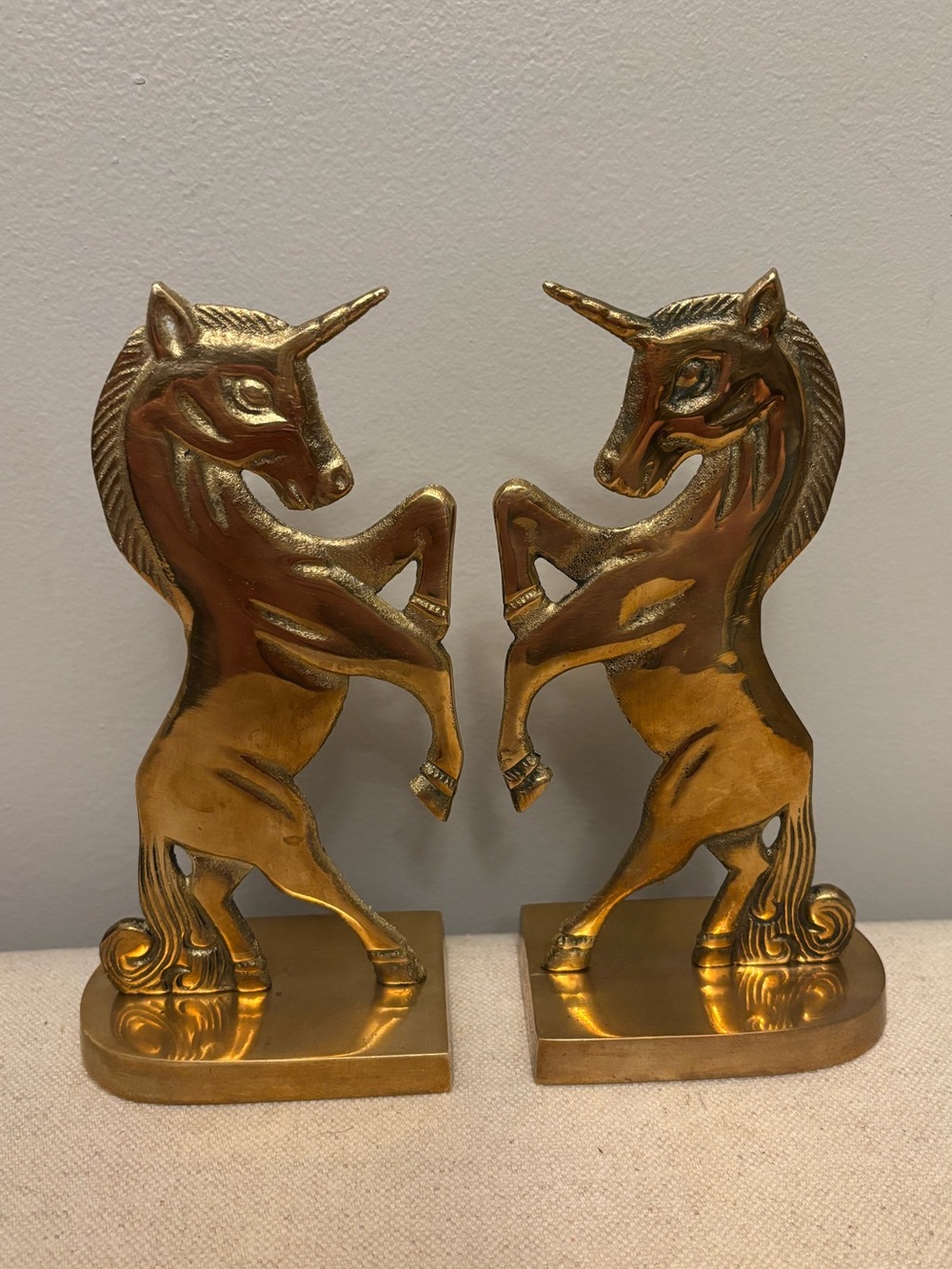 Vintage Solid Brass Rearing Unicorn Bookends Mid Century Hollywood Regency Set